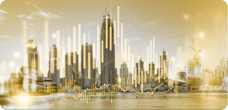 A stunning city skyline with diverse buildings, reflecting the energetic CURRENCY trading landscape of the world.