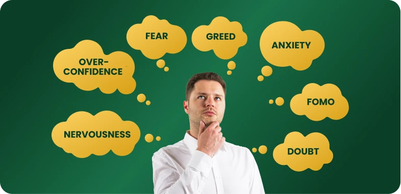 A man surrounded by thought bubbles, illustrating various psychological factors influencing his mindset and emotions.