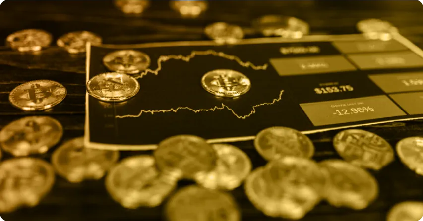 Gold coins are stacked on a table next to a chart, illustrating the connection between wealth and Forex regulation in the UAE.
