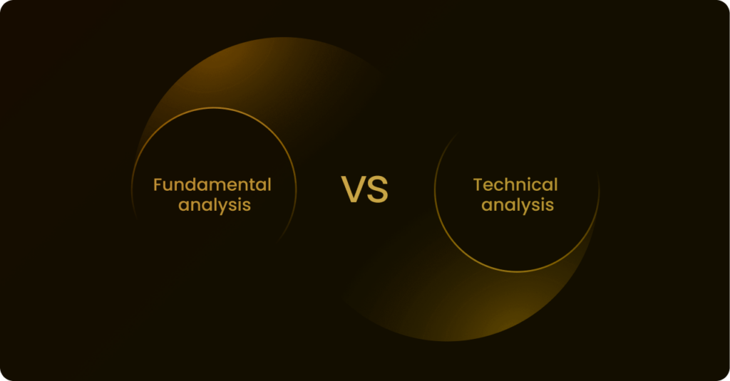 A split image illustrating fundamental analysis on one side and technical analysis on the other, showcasing their key differences.