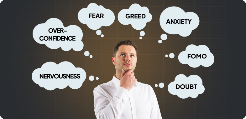 A man surrounded by thought bubbles, illustrating various psychological factors influencing his mindset and emotions.