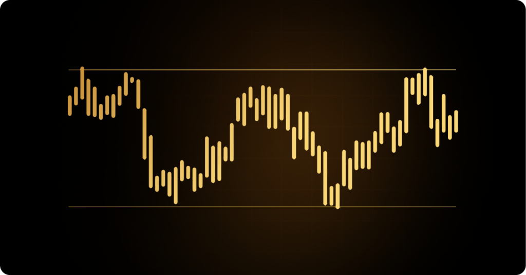 A gold line on a black background representing a range trading strategy in financial markets.